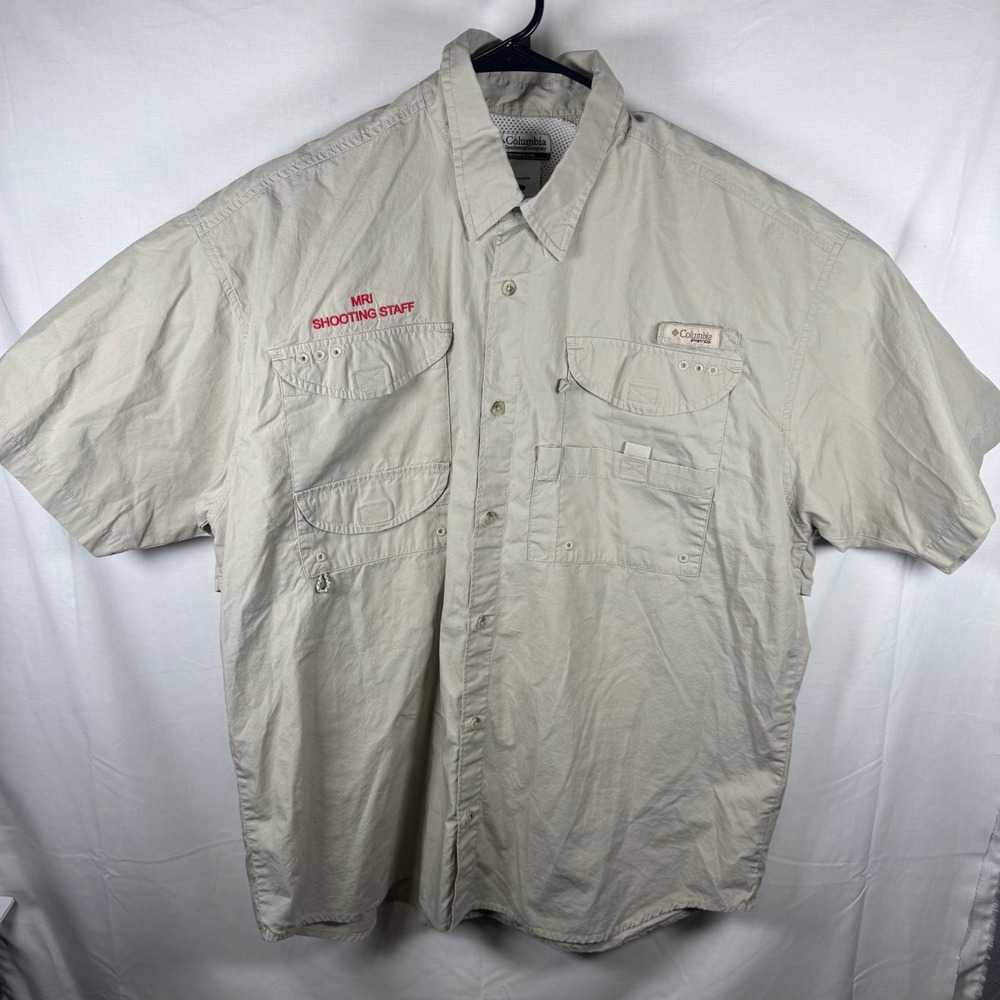Columbia PFG Fishing Shirt Mens L Beige Short Sleeve Magnum Research